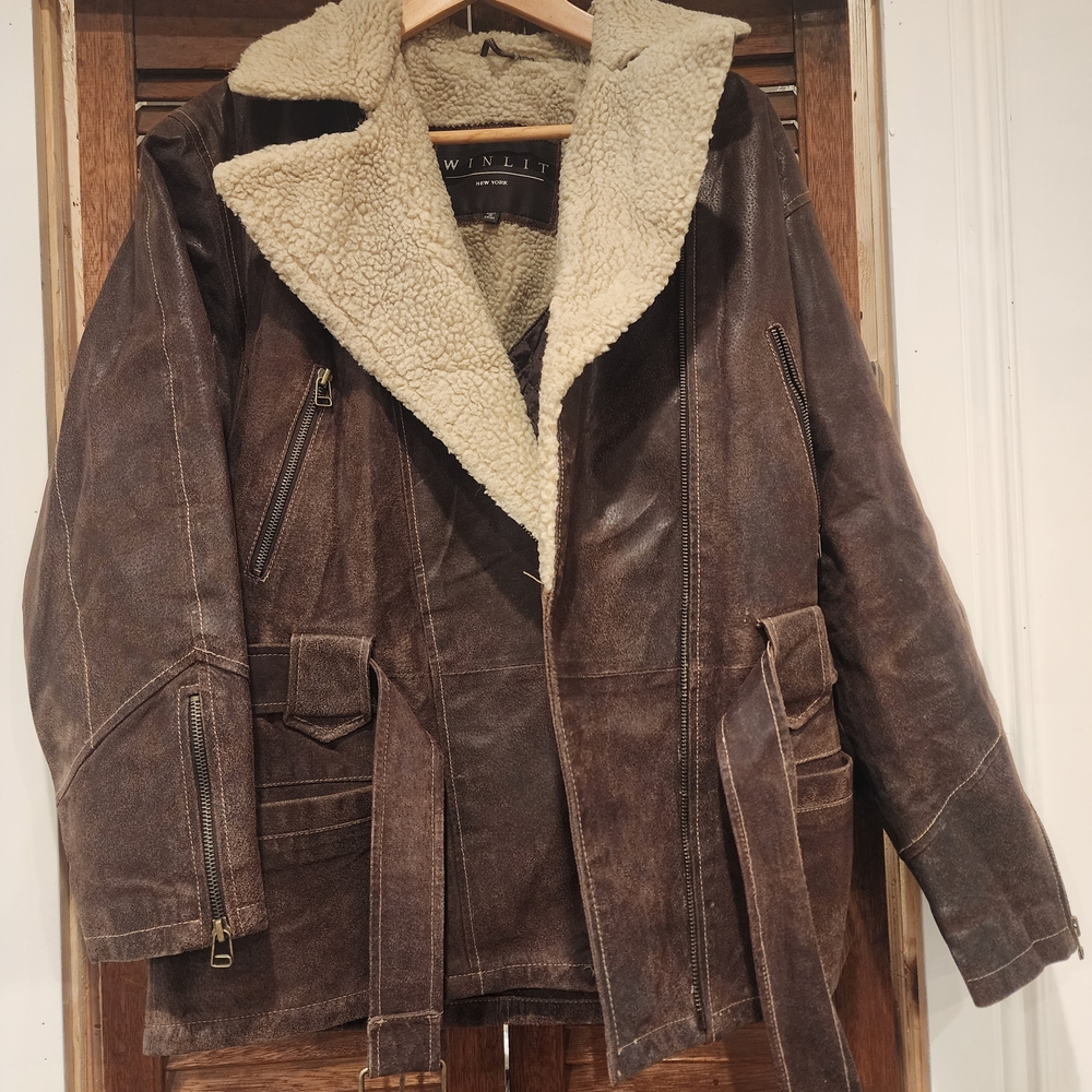 Twinlit Men’s Brown Leather Shearling Jacket with Cream Lining